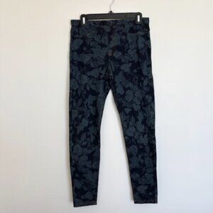 HUE Floral Leggings Black & Navy Stretch Pull-On Pants | Size M